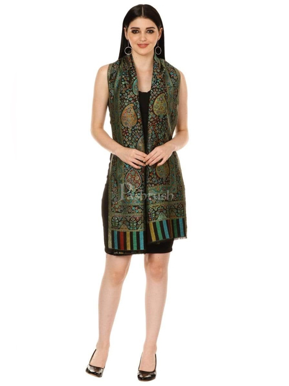 PASHTUSH WOMEN'S ANTIQUE SCARF, EXTRA SOFT BAMBOO, PEACOCK GREEN